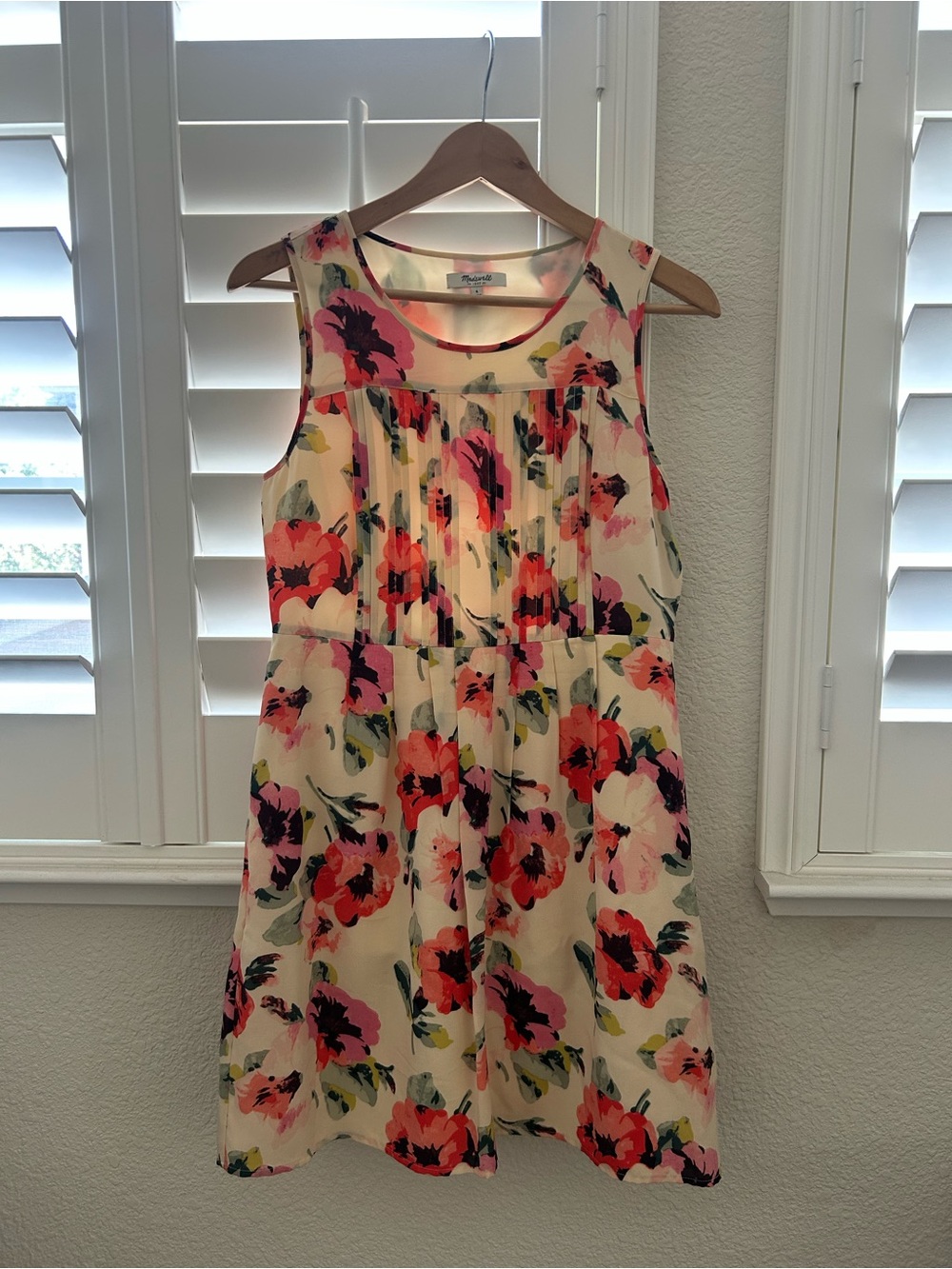 Madewell Cream Floral Sleeveless Mini Dress with Pink & Coral Blooms